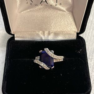 10K White Gold Natural Sapphire Ring with Diamond accents.